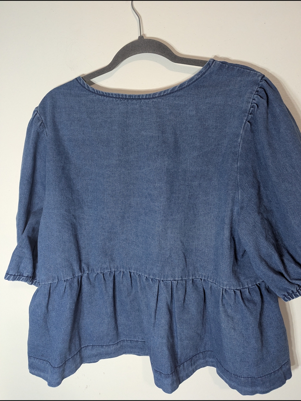 Denim Tie Front Peplum Blouse XXL Blue Puff Sleeve Babydoll Cottagecore Chambray - Picture 3 of 6